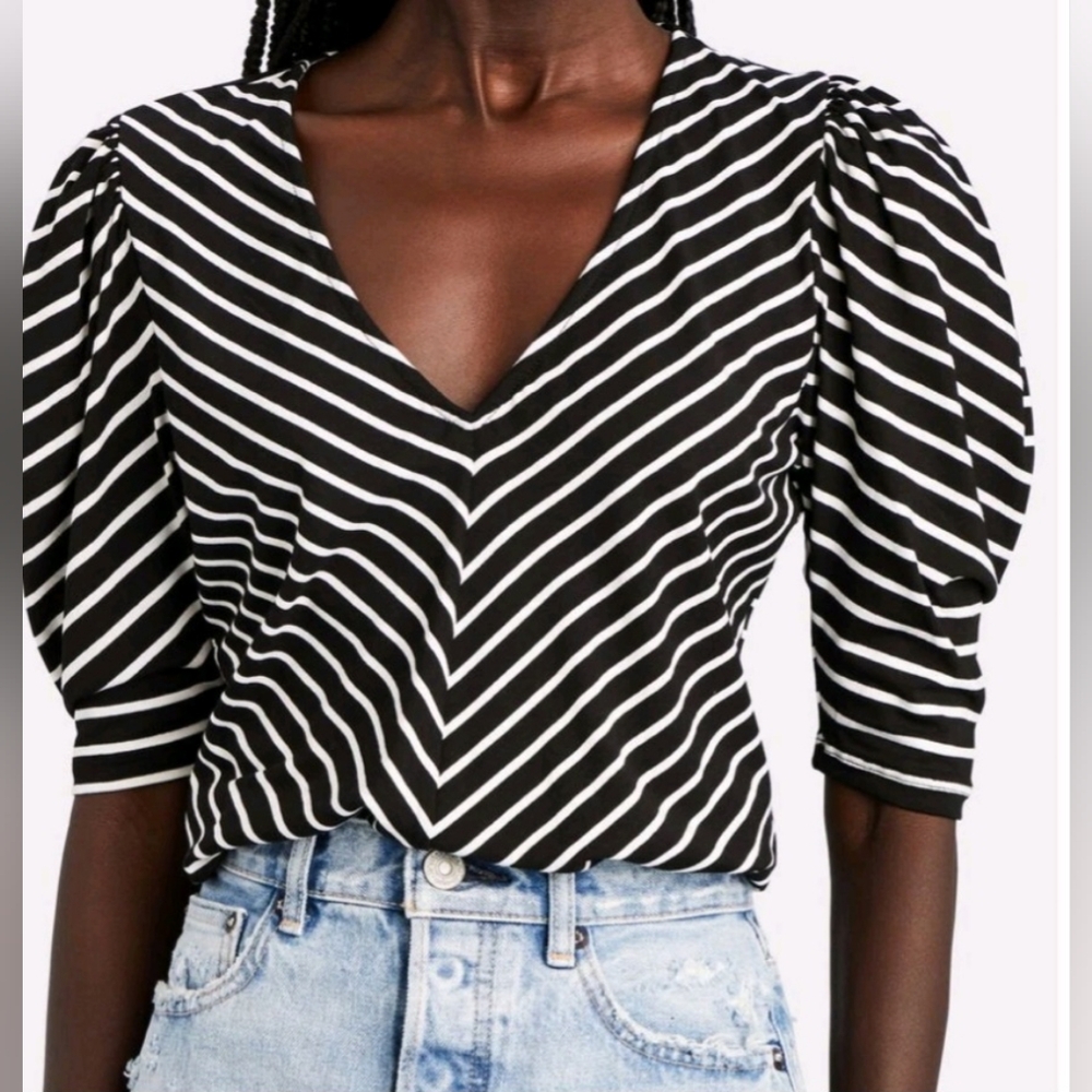 Frame Denim Black & White Shirred Chevron V-Neck Puff Sleeve Blouse, Sz L - Picture 3 of 7